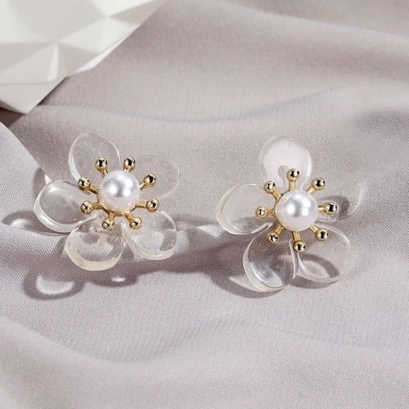 Any 4/$25! Translucent Flower Pearl Stud Earrings - Picture 3 of 10